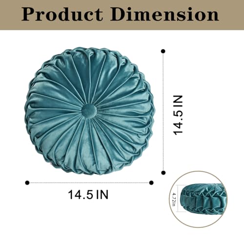 HIG Set of 2 Teal Velvet Decorative Round Pleated Throw Pillows - color: Teal