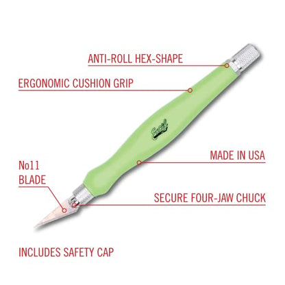 Excel Blades Fit Grip Craft Knife With #11 Ultra-Sharp Carbon Steel Angled Blade – Precision Hobby Knife With Contoured Rubberized Grip For DIY, Art Crafts, And Model Projects – Green, Made in the USA - color: Green