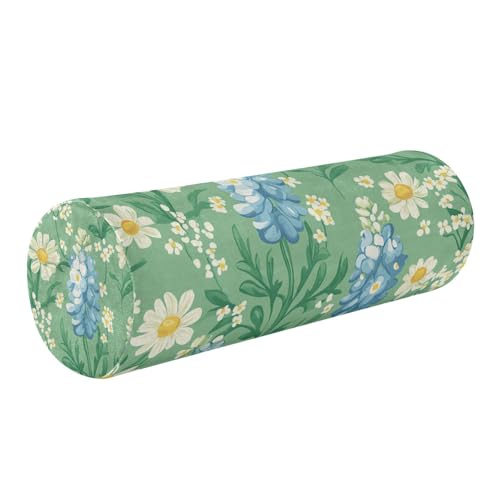 Mint Green Bluebonnet and Daisy Flowers Neck Roll Pillow Bolster Round Health Memory Foam Long Cervical Cylinder Pillows with Removable Washable Cover for Body Bed Legs Back Yoga - color: Mint Green Bluebonnet and Daisy Flowers
