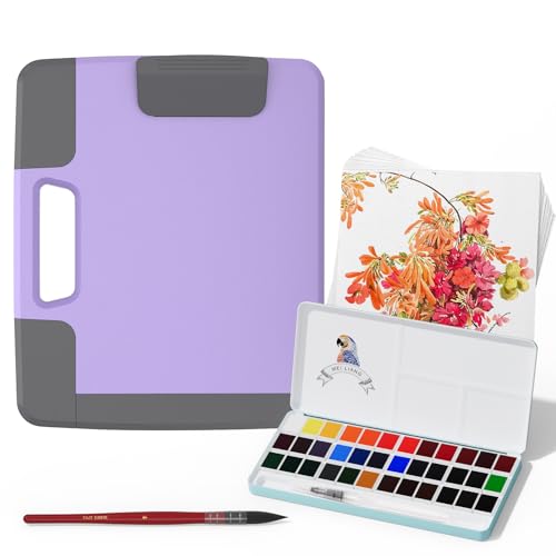 Travel Watercolor Paint Set, Watercolor Set Includes 36 Colors Solid Watercolors + 7.5x7.5 inch 50% Cotton Watercolor Paper(20 Sheets) + 1 Watercolor Brush + Purple Handheld Organizer - color: 36 Colors, style: Purple Handheld Organizer