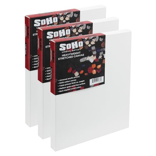 SoHo Urban Artist, 11x14 Heavyweight Stretched Cotton Canvas for Painting - 1.5" Deep- 3 Pack, Triple Primed, 100% Cotton Canvas, Archival, Universal Primed for Oil, Acrylic, Alkyd, Mixed Media