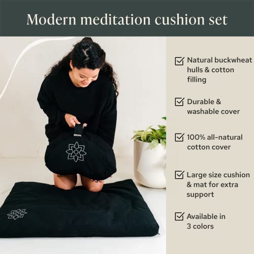 Mindful & Modern Meditation Cushion & Zabuton Meditation Mat Bundle - 100% Cotton Meditation Cushion Set for Yoga - Buckwheat Crescent Shaped Zafu Floor Pillow Rectangular Mat - Minimal Black Color