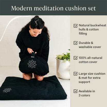 Mindful & Modern Meditation Cushion & Zabuton Meditation Mat Bundle - 100% Cotton Meditation Cushion Set for Yoga - Buckwheat Crescent Shaped Zafu Floor Pillow Rectangular Mat - Minimal Black Color