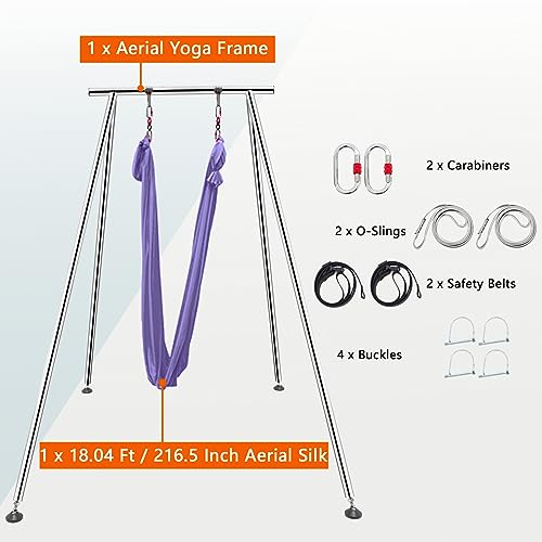 TECSPEC 9.6 FT/115.3 Inch Adjustable Height Aerial Yoga Frame & Hammock, Professional Swing Stand with 18 FT/33FT Aerial Silk, 550lbs Max Capacity - color: Light Purple