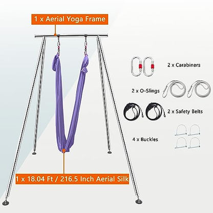 TECSPEC 9.6 FT/115.3 Inch Adjustable Height Aerial Yoga Frame & Hammock, Professional Swing Stand with 18 FT/33FT Aerial Silk, 550lbs Max Capacity - color: Light Purple