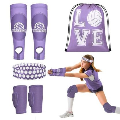 6 Pcs Volleyball Knee Pad and Arm Sleeve Volleyball Accessories Drawstring Bag Softball Headbands Volleyball Protection Training and Games Equipment Gifts - color: Purple, size: Medium
