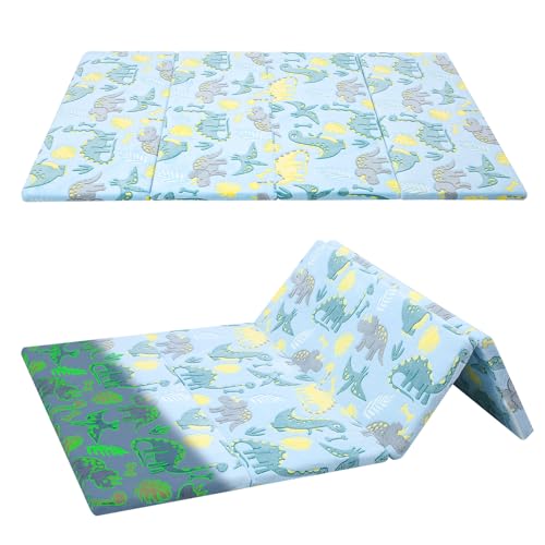MeMoreCool Kids Floor Mattress, 48x72 Inch Foldable Play Mat, Blue Dino | Blue dinosaur 4x6 ft foam tatami futon mat - color: Blue Dinosaur