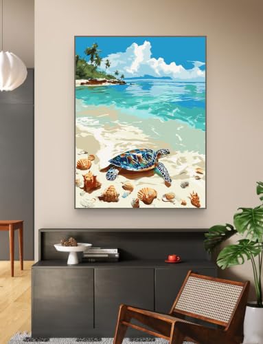 ZRIZQ Beach Paint by Numbers Kit for Adults Beginner,Turtle,16x20 | Full set with rich paints,wooden brushes,rolled canvas.Calming activity.Beginner friendly.Just open and paint. - color: 16"X20"Rolled Canvas-Beach Turtle