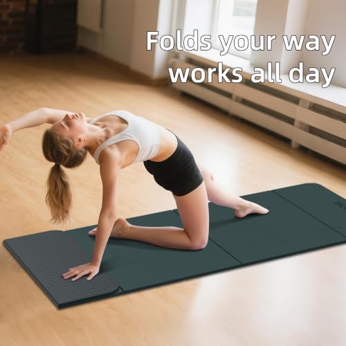LVME Foldable Yoga Mat, 71"x24"x1/3" Thick(8mm), Non Slip Exercise Mat - color: Forest green+Charcoal