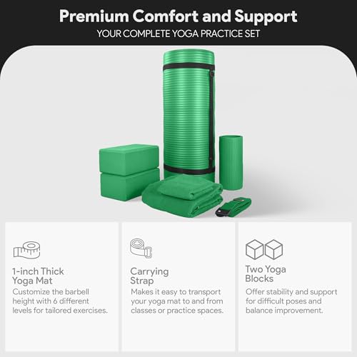 BalanceFrom 7-Piece Yoga Set with 71x24x1 Inches Extra Thick Mat and Carrying Sling – Includes 2 Blocks, Stretch Strap, 2 Towels, and Knee Pad for Home, Studio, and Gym Workouts - color: Green