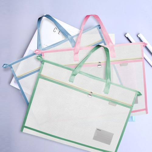 3 Pcs A3 Project Bags for Quilting Craft - Clear Mesh Sewing Bag With Zipper Handles & Pockets for Artworks, Charts and Teaching Material - color: light blue, light pink and light purple