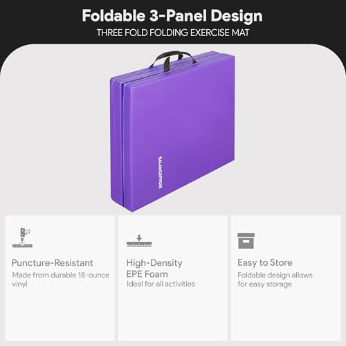 BalanceFrom 6x2 Feet 3-Panel Folding Gymnastics Mat – 1.5-Inch Thick Pad with Vinyl Surface and Carrying Handles for Tumbling, Yoga, Pilates, Home Workouts, and Martial Arts - color: Purple