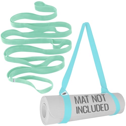 TECEUM Bundle of 2 Items – Stretching Strap for Yoga Light Green Polypropylene 1” & Yoga Mat Strap Blue Mint 64 IN – Mat Holder Sling For All Mats – Leg Strap for Exercising, Physical Therapy
