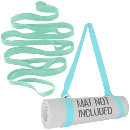 TECEUM Bundle of 2 Items – Stretching Strap for Yoga Light Green Polypropylene 1” & Yoga Mat Strap Blue Mint 64 IN – Mat Holder Sling For All Mats – Leg Strap for Exercising, Physical Therapy