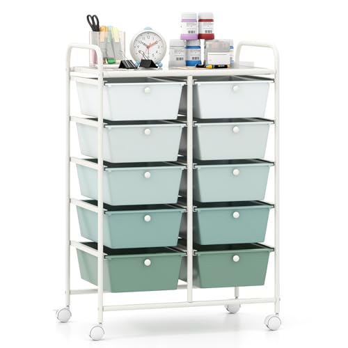 Giantex 10 Drawers Rolling Cart, Classroom Organizers, Storage Cart with Wheels, for Teacher Office Home School Supplies Tool Craft Art Paper, Green Gradient - color: Green Gradient, size: 10 Drawers Big