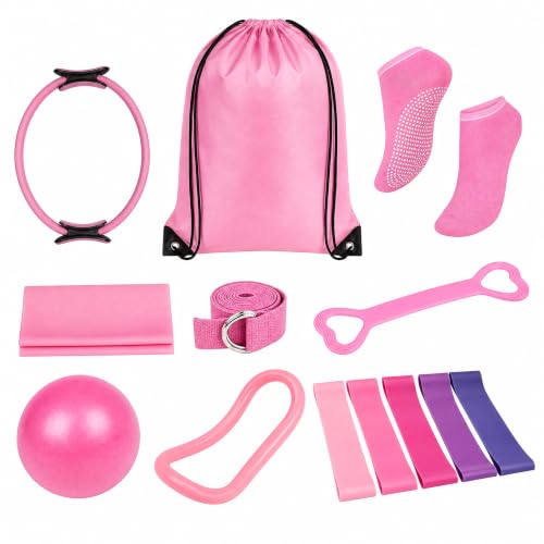 Pilates Ring and Ball Set, 6 Pcs Home Pilates Kit with 13” Circle Circle Yoga Ring 3 Resistance Bands 9.8” Pilates Ball Pilates Grip Socks, Pilates Essential Kit for Women Girl Home Workouts - size: 13 PCS