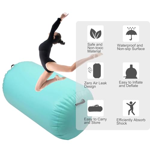 Inflatable Air Roller Mat with Pump for Gymnastics Training - color: mint green+pump, size: length 100cm,diameter 60cm