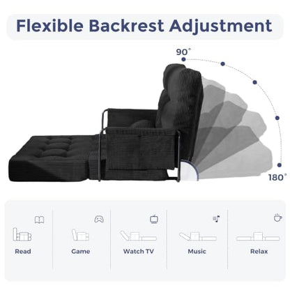 MAXYOYO Adjustable Folding Sofa Bed Couch with 2 Pillows, Black | Multi-Functional Bean Bag Bed, 5-Position Foldable Lazy Floor Sofa Bed with Armrest, Versatile Floor Seating for Reading - color: Black