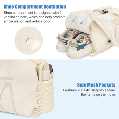 Forestfish Gym Bag For Women With Yoga Mat Holder, Beige | Shoe Compartment, Wet Dry Storage Pocket, Removable Shoulder Strap, Lightweight & Water Resistant - color: Beige