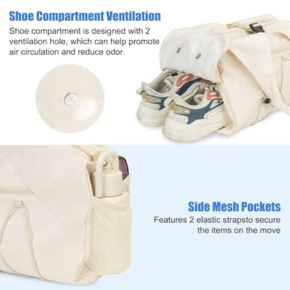 Forestfish Gym Bag For Women With Yoga Mat Holder, Beige | Shoe Compartment, Wet Dry Storage Pocket, Removable Shoulder Strap, Lightweight & Water Resistant - color: Beige