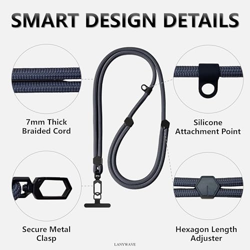 Adjustable Crossbody Phone Lanyard, Braided Cord with Tether Tab | Braided cord, Tether tab, Secure clasp, Accessory clip for hands-free crossbody use - color: Gray