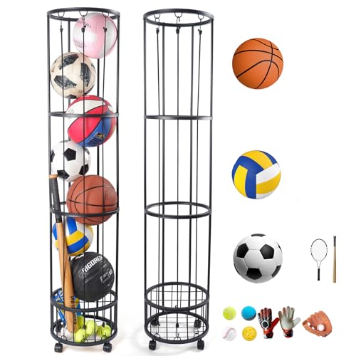 Upgrated 4-Layer Ball Storage Rack with Small Bottom Ball Holder, 3 Adjustable Elastic Cords Sports Equipment Organizer, Wall-Mounted Basketball Rack for Indoor,Outdoor,Home,Garage - size: 7 Balls