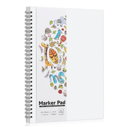 Marker Paper Pad 7.6 × 10 in, 30 Sheets, 200gsm, Double-Sided | Bleedproof Acid-Free Paper, Spiral Bound, Tear-Out Pages, Smooth for Alcohol Markers, Pens, Acrylics And Sketching - size: 7.6×10 Inch (1 pack)