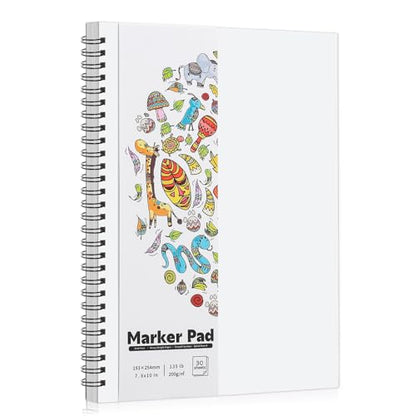 Marker Paper Pad 7.6 × 10 in, 30 Sheets, 200gsm, Double-Sided | Bleedproof Acid-Free Paper, Spiral Bound, Tear-Out Pages, Smooth for Alcohol Markers, Pens, Acrylics And Sketching - size: 7.6×10 Inch (1 pack)
