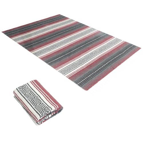 Handwoven Mexican Blanket - Lightweight Yoga, Beach, Camping & Picnic Blanket - Durable Blanket for Outdoor, Equestrian & Home Decor (Burgundy)