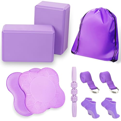 2 Yoga Blocks Supportive Accessories including 2 Knee Pads, 2 With Strap To Put Less Weight On Wrists, 1 Muscle Massage Roller, 2 Pair of Non-Slip Pilates Socks, 1 GYM Bag, Durable Versatile Yoga Brick Exercise Set of 10 - color: Purple