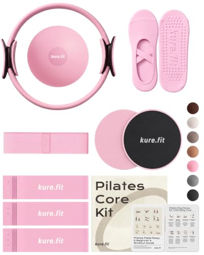 Pilates Kit | Pilates Equipment Set for Home Workouts | Accessories & Guide | Matching-color Pilates ball, Pilates ring, resistance bands, Pilates accessories, video tutorials & gift box for home use. - color: Pink, style: Core Kit - 10PC