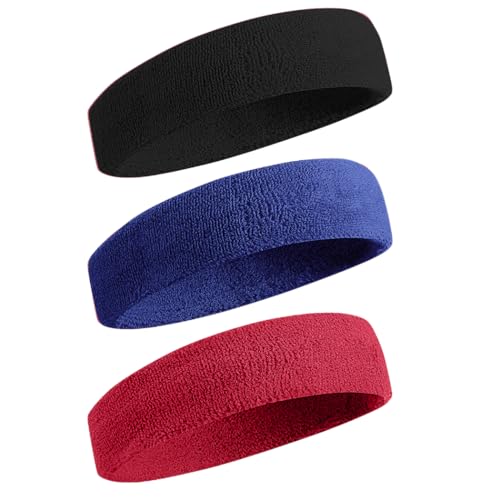 BEACE Sweatbands Sports Headband for Men & Women - Moisture Wicking Athletic Cotton Terry Cloth Sweatband for Tennis, Basketball, Running, Gym, Working Out - color: Black/DPBlue/Maroon