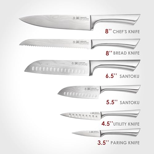 Cuisine::pro Damashiro Knife Block (Kumi, 7-Piece Chef Knife Set) - Japanese Steel Knife - Magnetic Knife Block- Damascus-Inspired Blade Kitchen Knives - size: 7-Piece Block