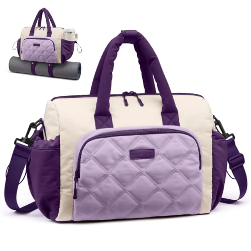 LOVEVOOK Gym Bag for Women with Large Water Bottle Pocket,White and Purple | Yoga Mat Holder,Duffle Bag with Wet Pocket,Overnight Bags,Lightweight Carry on Weekender Duffel for Workout Dance Ballet - color: White and Purple, size: Medium