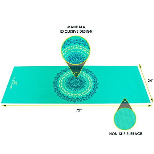 ProsourceFit Mandala Yoga Mat 3/16" (5mm) Thick Workout Surface with Exclusive Printed Designs for Stylish Comfort, Stability, and Balance; Non-Slip Option for Yoga and Pilates - color: Mandala - Green