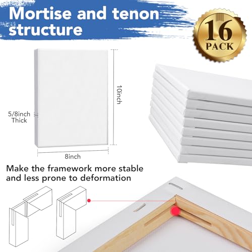 ESRICH Canvas for Painting 8x10, 16 Pack Stretched Canvas, Primed Acid-Free Cotton Paint Canvas Bulk, White Blank Canvases for Painting for Oil & Acrylic Paint. - size: 16 Packs - 1 Size (8x10)