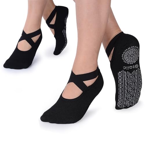 Ozaiic Pilates Socks for Women Non Slip Grip Yoga Barefoot Indoor Workout | Breathable cotton grippy sock, slipper sticky socks, one size fits women for barre, ballet, dance, hospital, home - color: Black-2 Pairs