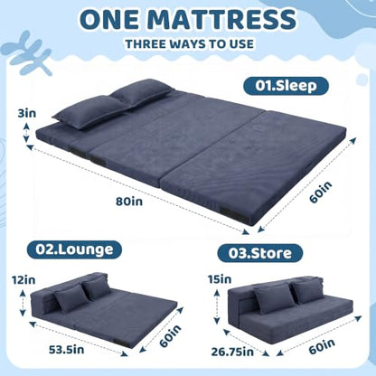 Tri-Fold Futon Mattress, Foldable Floor Mat (Navy Blue) - color: Navy Blue, size: Queen (80"L x 60"W x 3"Th)