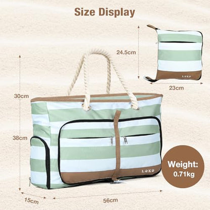 Beach Bag for Women - 35L Large Tote Bag, Waterproof & Sandproof, Zippered Carry On Bag for Pool, Beach & Travel - color: Green Striped