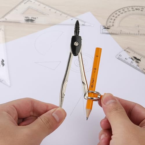 Mr. Pen- Geometry Set, 13 pcs, 3 Metal Compasses, Protractor, 6" Ruler | 45° & 30°/60° Set Squares, Pencils, Lead Refills, Sharpener & Eraser for Math, Drafting & Classroom Use - color: Black
