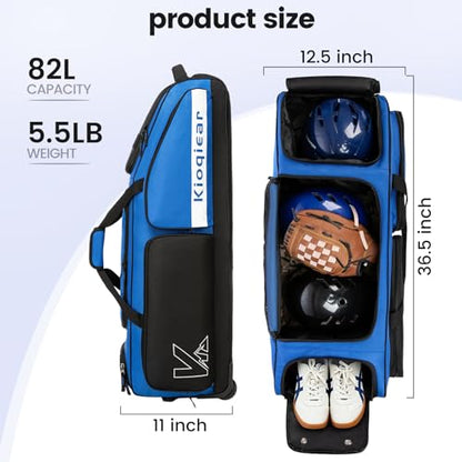 Catchers Gear Bag with Wheels for 4 Bats, 80L Rolling Baseball Bag - color: Blue