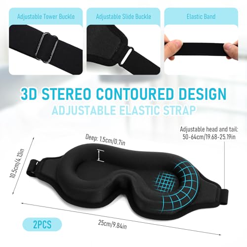 FlyCoco Sleep Mask - Zero Eye Pressure 3D Contoured Cup 99% Black Out Mask, Soft Breathable Lightweight Sleeping Mask with Adjustable Strap, Eye Cover for Yoga Traveling (Black 2pack) - color: Black 2pcs