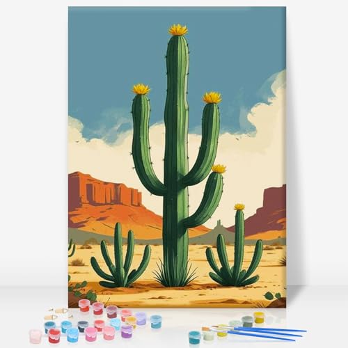 GEEHEIY Framed Paint by Numbers Kit for Adults, Desert Cactus, 8 x 12 Inch | DIY Adult Paint by Number Kit for Beginners, Southwest Wall Decor, Stress Relief Craft Gift, Creative Hobby - color: TRTD1PF307