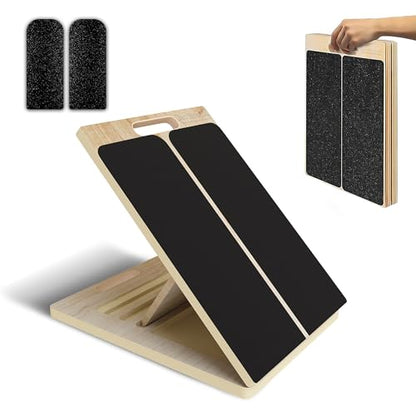 Wooden Slant Board for Calf Stretching & Squats, Adjustable Incline Board for Physical Therapy - Squat Wedge Block Alternative - Portable & Lightweight - Equipped with Anti-Slip Replacement Pads