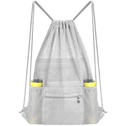 NATURAL STYLE Mesh Drawstring Backpack Bag, Gym Sports Bag with Zipper Pocket Bottle Holder, String Beach Bag for Swiming Travel (Grey) - color: Grey