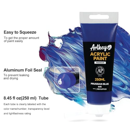 Artkey Acrylic Paint - Prussian Blue (250 ml/8.45 oz) Tubes, Rich & Vibrant Pigments, Professional Artists Acrylic Paints - Art Supplies for Canvas Wood Rock Clay Fabric Ceramics Art Crafts Painting - color: Prussian Blue, size: 8.45 Fl Oz (Pack of 1)