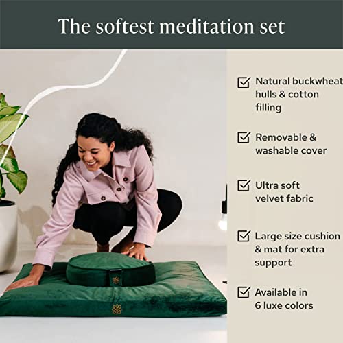 Mindful & Modern Meditation Cushion and Zabuton Meditation Mat Bundle - Premium Luxury Velvet Meditation Cushion Set for Yoga - Buckwheat Zafu Floor Pillow and Rectangular Mat - Emerald Green Color