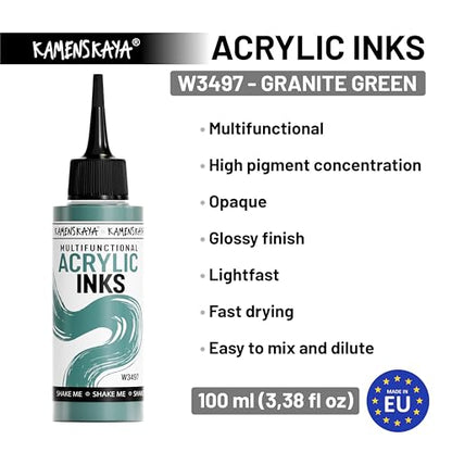 Kamenskaya Acrylic Inks for Artists - 'Granite Green' Acrylic Ink, 3.38 Fl Oz (100 ml) | Highly Concentrated, Multifunctional Liquid Acrylic Paint - color: Granite Green