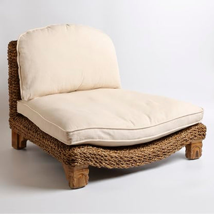 Serenity Meditation Floor Chair with Seagrass Woven Seat and Solid Mangowood Frame, Cushioned Seat, Wooden Legs, Natural Finish (Cream) - color: Cream