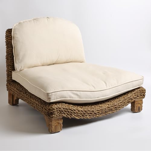 Serenity Meditation Floor Chair with Seagrass Woven Seat and Solid Mangowood Frame, Cushioned Seat, Wooden Legs, Natural Finish (Cream) - color: Cream